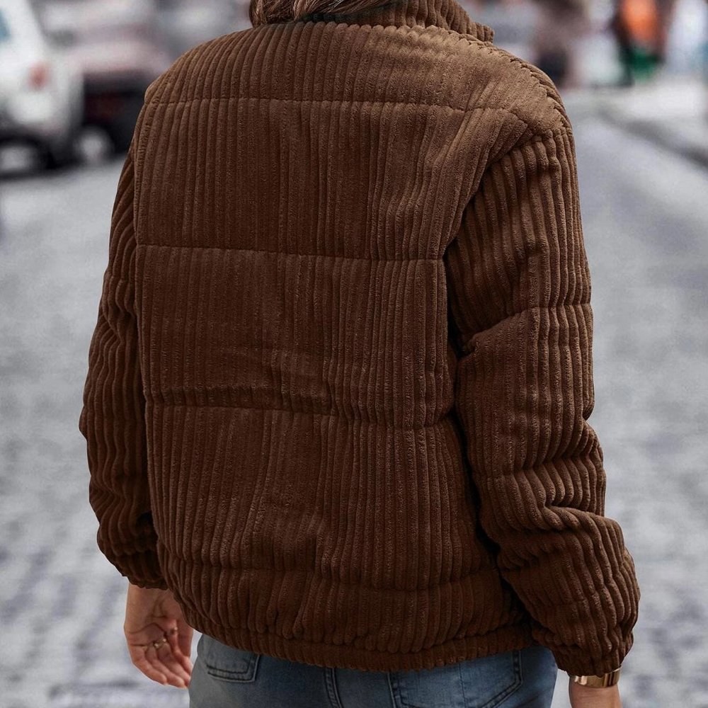 Coffee Brown Womens Corduroy Puffer Coat - Picture 2 of 4